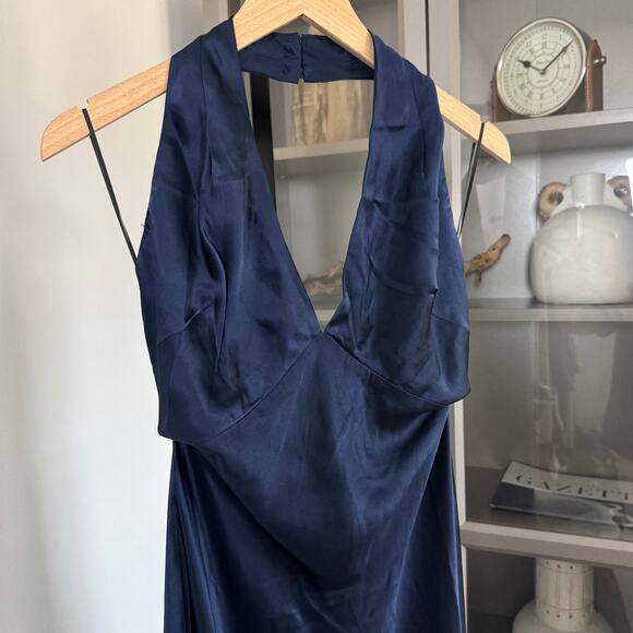 Reformation Daniela Silk Maxi Dress 4 NEW Navy Sleeveless V-Cut Halter Satin NWT - Picture 4 of 7